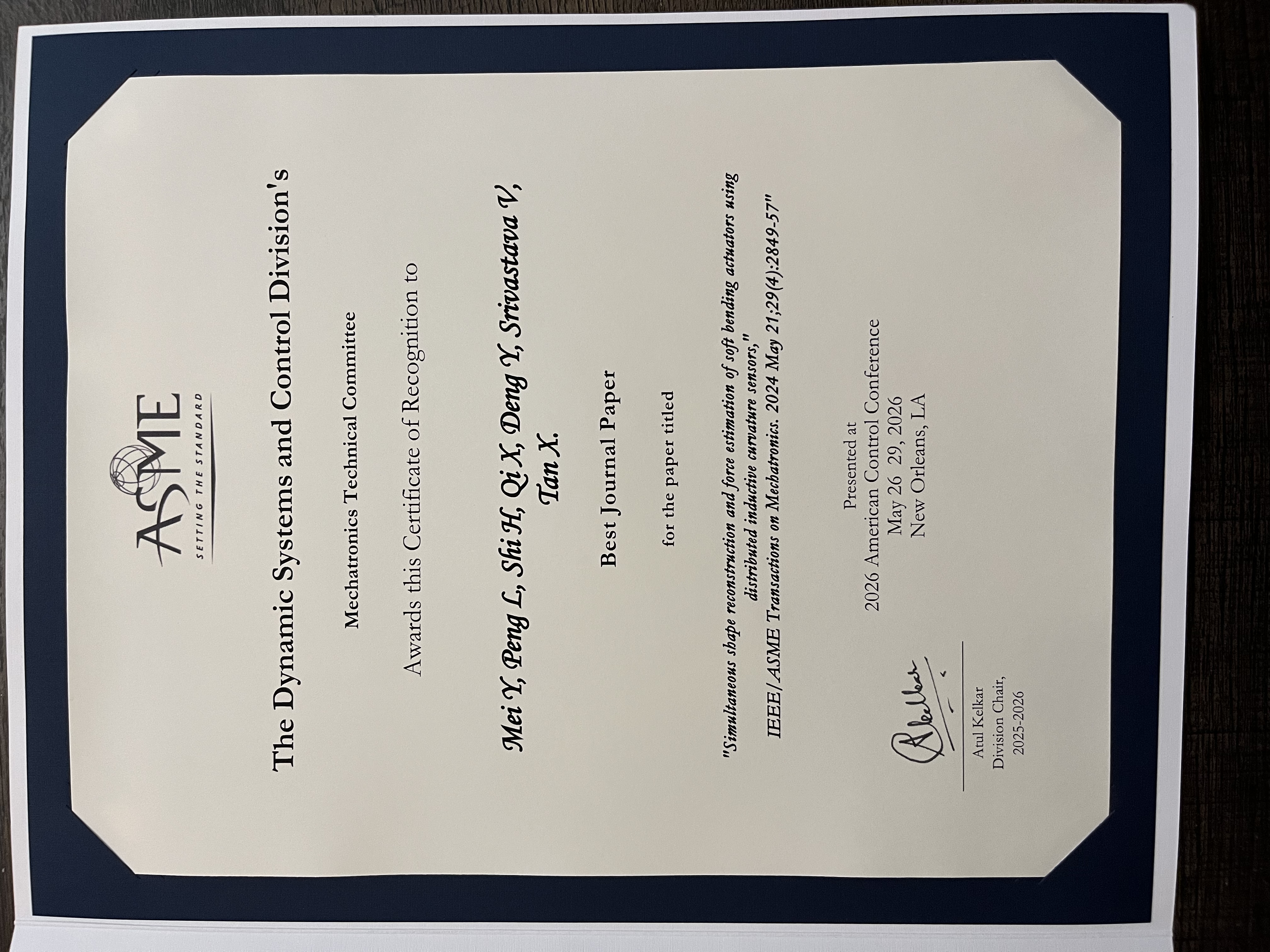 Photo 2 of 2: Received the 2025 Best Journal Paper Award at ACC 2026.