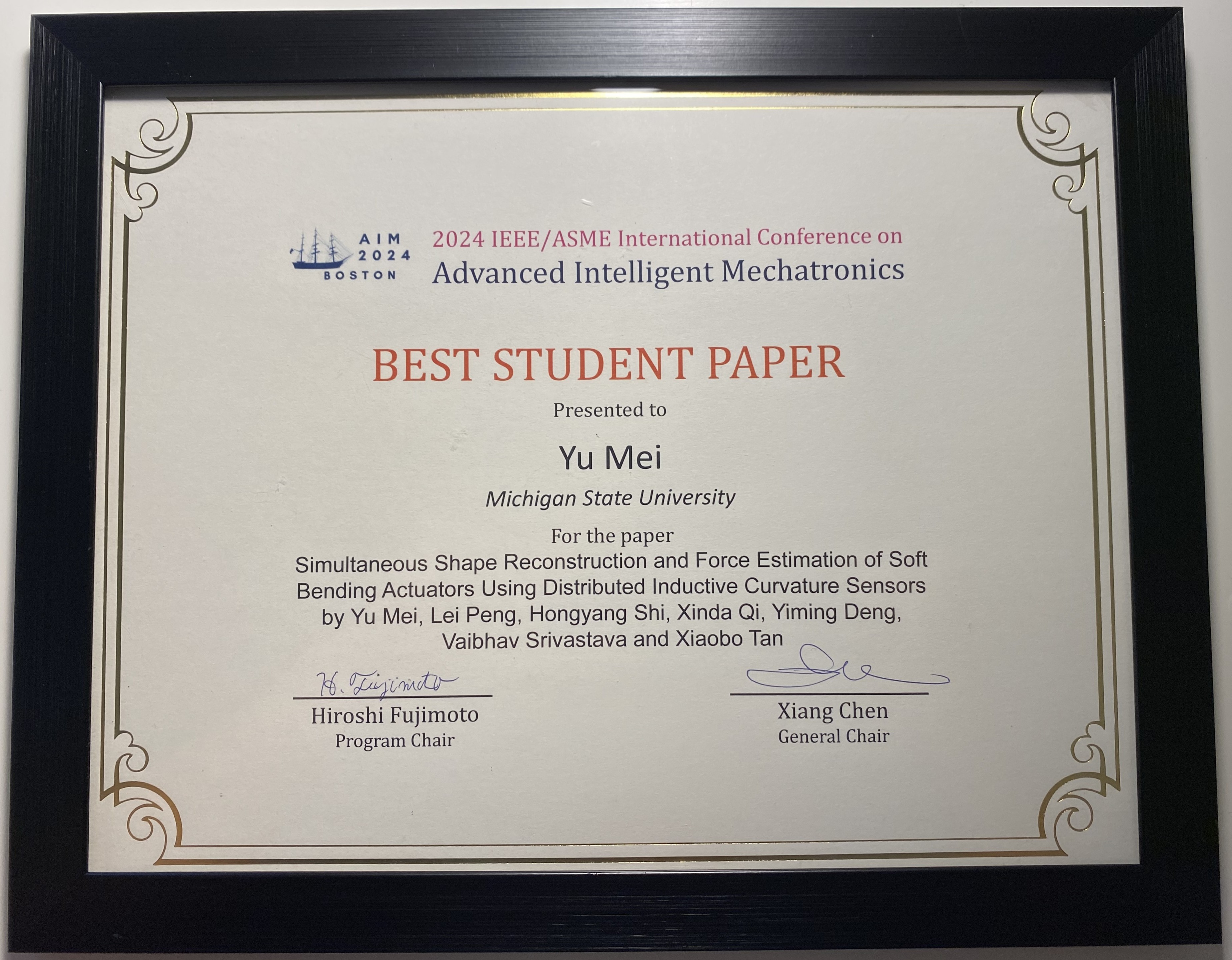Photo 2 of 3: Received the Best Student Paper Award at IEEE AIM 2024.